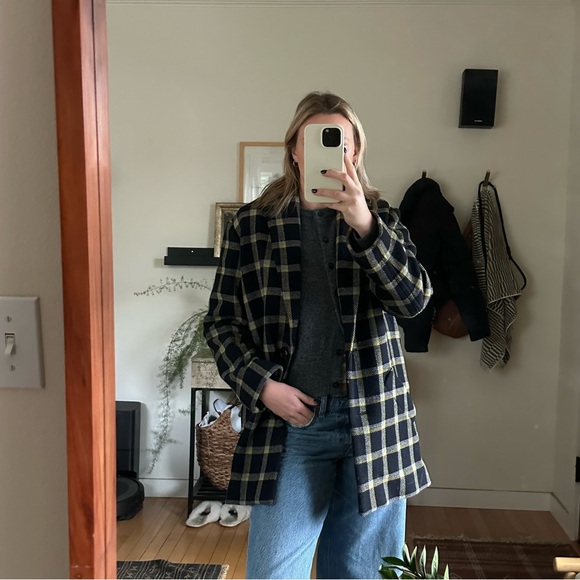 Derek Lam 10 Crosby Plaid Cocoon Coat Women's 4 Navy and Yellow Wool Blend Lined - Picture 11 of 12